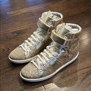 Saint Laurent Women’s Gold Glitter High-Top Sneakers Size 39.5